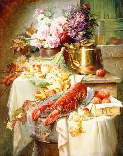 Stillleben mit Hummer und verschiedenen Früchten und Blumen von Modeste Carlier
