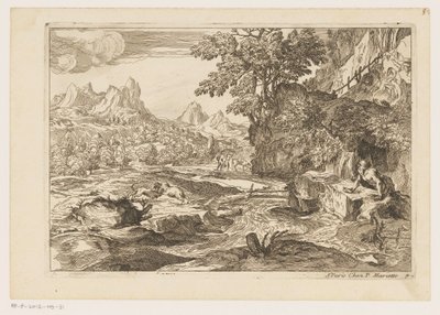 Landschaft mit dem heiligen Hieronymus mit zwei kämpfenden Löwen von Moise Jean Baptiste Fouard
