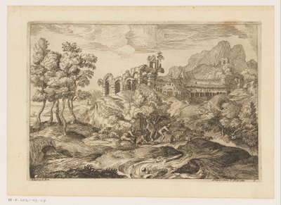 Landschaft mit Hirten und einer Herde bei einer Ruine von Moise Jean Baptiste Fouard