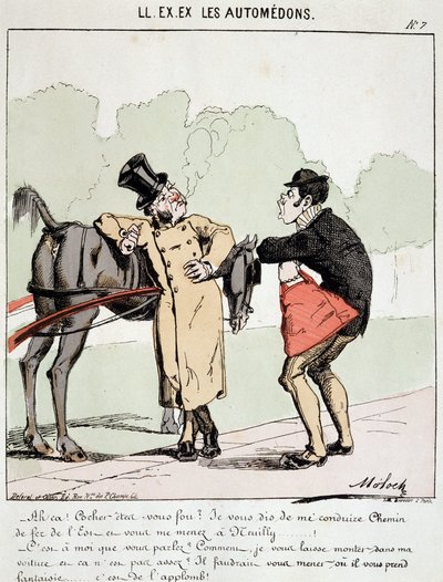 HE. EX. EX. Motoredons: Karikatur des Transports in der Stadt. Ein Bourgeois, der den Kutscher bat, ihn zum Gare de l