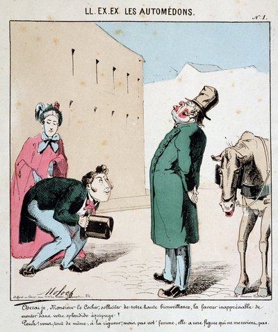 HE. EX. EX. Motoredons: Cartoon des Transports in der Stadt. Ein Mann bittet einen Kutscher, ihn und seine Frau zu transportieren. Der hochmütige Kutscher weigert sich, die Frau an Bord zu lassen. Zeichnung von Moloch (1849-1909), um 1860 von Moloch