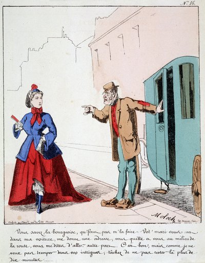 HE. EX. EX. Motoredons: Cartoon des Transports in der Stadt. Der Kutscher tadelt eine Bourgeoisie, die in den Park geht, während ihr Mann den Fahrer gebeten hat, sie an einen anderen Ort zu bringen. Zeichnung von Moloch (1849-1909), um 1860 von Moloch