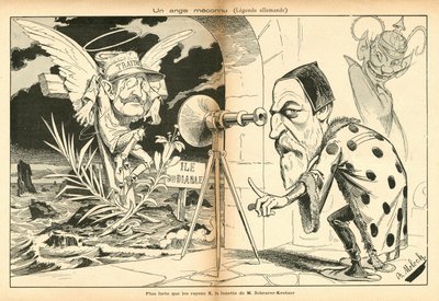 Das Bild zum Lachen, Nummer 4, ca. 1897_11_13 - Illustration von Alphonse Hector Columbus, bekannt als B. Moloch oder Moloch (1849-1909): Ein unbekannter Engel - Dreyfus-Affäre, Teufelsinsel - Dreyfus Alfred, Scherer-Kestner Auguste von Moloch