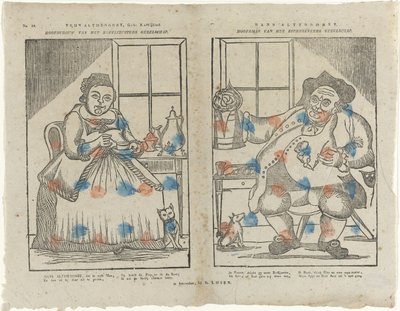 Trijn Antijddorst, Geb: Koffijlief. Hoofdvrouw van het koffijzusters gezelschap. Hans Altyddorst. Hoofdman van het bierdrinkers gezelschap von Monogrammist B (prentmaker)