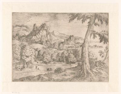 Panoramische Landschaft mit großem Baum von Monogrammist DB (etser 16de eeuw)