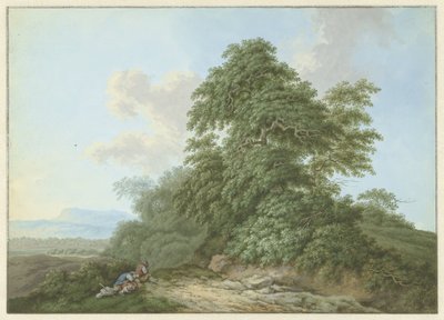 Landschaft mit ruhenden Reisenden entlang eines Weges von Monogrammist FWH (possibly)