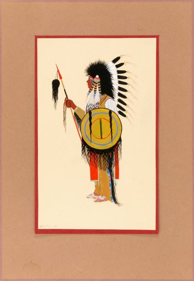 Cheyenne Krieger im Federkopfschmuck mit Schild von Monroe Tsatoke