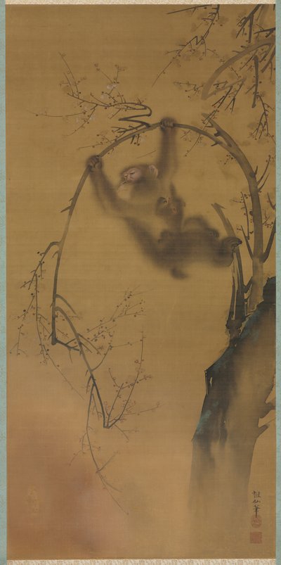 Affen in einem Kirschbaum, Affen auf einem Felsvorsprung, 1615-1868 von Mori Sosen