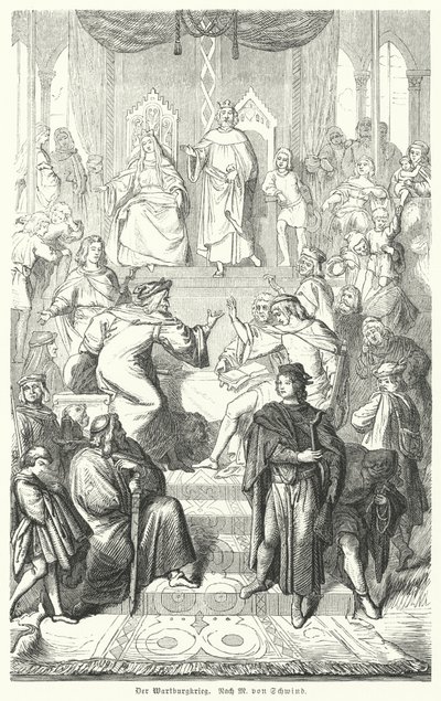 Der Sängerkrieg, ein Wettstreit zwischen Minnesängern auf der Wartburg in Thüringen im Jahr 1207 (Stich) von Moritz Ludwig von (after) Schwind