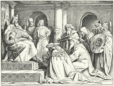 Die Gesandten des Kalifen Harun al-Raschid bringen Geschenke zu Kaiser Karl dem Großen, 802 (Stich) von Moritz Ludwig von Schwind