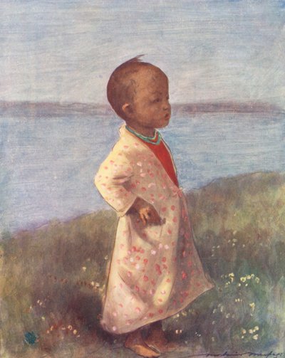 Kinder der Welt: Burmesisch, Stehen in Habachtstellung (Farblithografie) von Mortimer Ludington Menpes