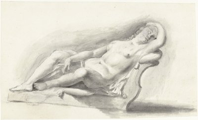 Skulptur einer nackten Frau, liegend auf einem Bankkissen von Moses Ter Borch