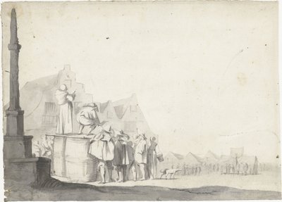 Marktplatz mit Ausrufer auf einem Fass von Moses ter Borch (possibly)
