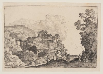 Felsige Landschaft mit drei Reisenden von Moses van Uyttenbroeck