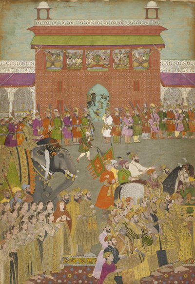 Eine Prozessionsszene mit Musikern, aus einer Kopie des Padshanama, Mogulzeit, Mitte des 17. Jahrhunderts von Mughal School