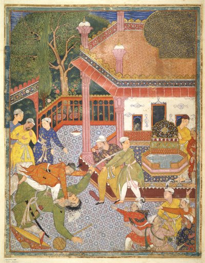 Ein Held tötet einen Riesen vor einer Menge von Zuschauern in einem Hof, Illustration aus dem Hamza Nama, ca. 1555-67 von Mughal School