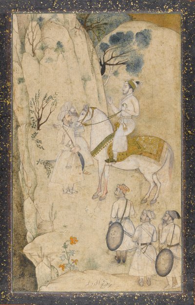 Ein Prinz zu Pferd mit fünf Begleitern, einen Wasserfall betrachtend von Mughal School