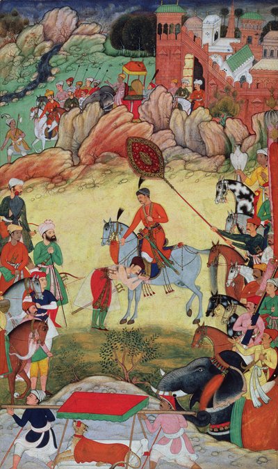 Adham Khan huldigt Akbar in Sarangpur, Zentralindien, 1560 oder 1561, aus dem Akbarnama, 1590-98 von Mughal School