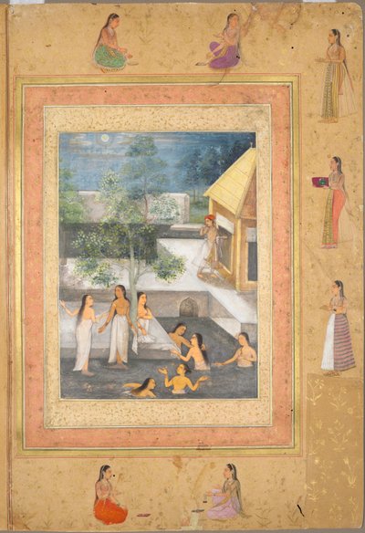 Harem-Nachtbadeszene (recto): Kalligraphie eingerahmt von einer ornamentalen Bordüre aus Blumen und Vögeln (verso), ca. 1650 von Mughal School