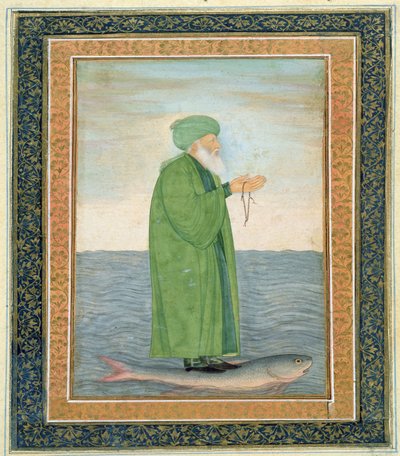 Khawa Khizir Khan reitet auf einem Fisch, aus dem Small Clive Album von Mughal School