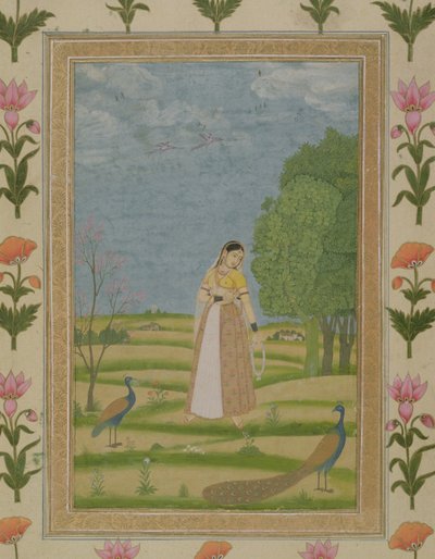 Dame mit Pfauen, aus dem Small Clive Album von Mughal School