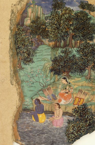 Rama und Lakshmana bieten ihrem toten Vater Wasser an den Ufern des Mandakini-Flusses an, ca. 1595 von Mughal School