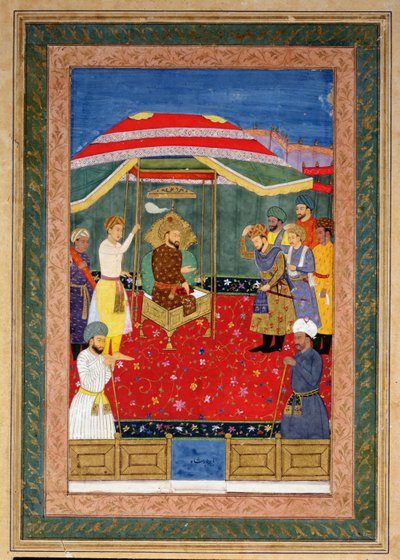 Der Mogulkaiser Babur (1526-30) sitzt auf einem Thron und empfängt einen Prinzen, Johnson Album I, Nr.3 nummeriert 65 von Mughal School