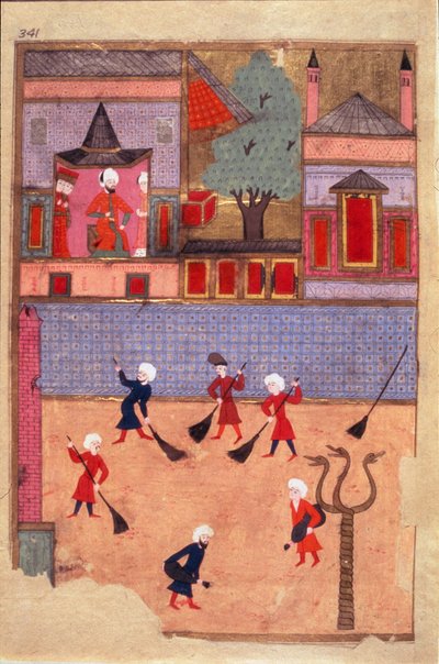 Straßenkehrer. Seite aus dem „Nickname-i Humayun“ (Buch der Festlichkeiten) (ms. hazine 1344, fol. 341 a) illustriert von Osman. ca. 1582 (Istanbul) Istanbul, Topkapi Seray von Mughal School Osman