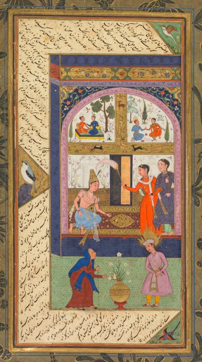 Zulaykha in ihrem Palast und als alte Frau mit Joseph, aus einem Panj Ganj (Fünf Schätze) von Abd al-Rahman Jami (Perser, 1414–1492); Verso: Aus einem Panj Ganj von Abd al-Rahman Jami (Perser, 1414–1492), mit zwei Masnavis: Yusuf va Zulaykha (Joseph und Zu von Mushfiq