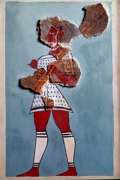 Mykenische Kunst: Krieger. Fragment eines Freskos aus dem Palast von Tiryns und Rekonstruktion von Mycenaean