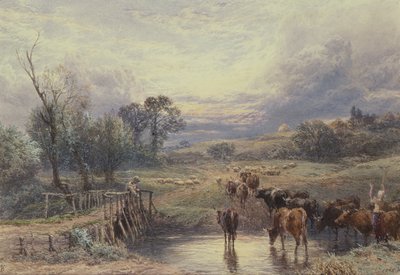 Landschaft mit Rindern und Brücke von Myles Birket Foster