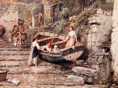 Ansicht von Clovelly, mit gestrandeten Booten und Figuren, 1882 von Myles Birket Foster