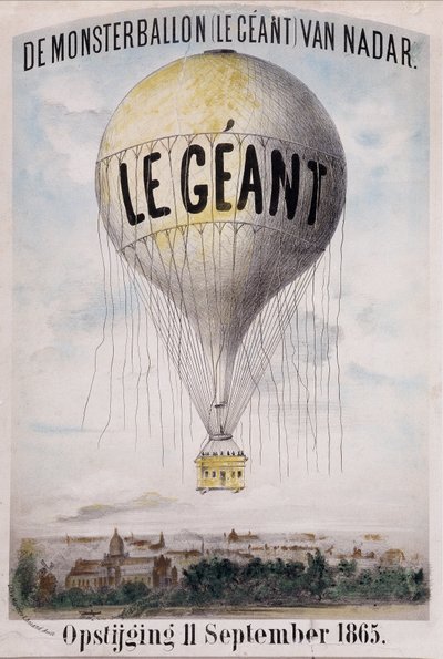 De Monsterballon (Le Giant) von Nadar Aufstieg 11. September 1865. Niederländische Werbung für das Abwickeln des Ballons „The Giant“ am 11. September von Nadar