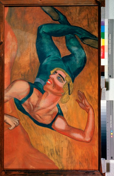 Sprung - Ein Akrobat macht einen Sprung, das Gesicht lächelnd, der flexible Körper in der Pose in der Luft verzerrt - Gemälde von Nadeschda Wladimirowna Lermontowa (1885-1921), Öl auf Leinwand von Nadezhda Vladimirovna Lermontova