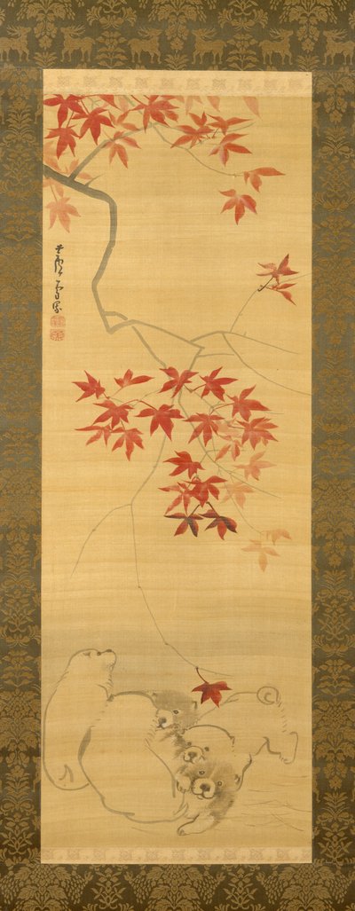 Welpen unter einem Ahornzweig von Nagasawa Rosetsu