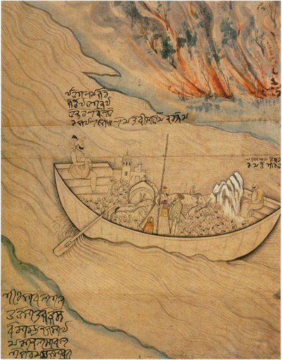 Ein Boot treibt auf einem Fluss: Illustration zu einer Volkslegende von Nainsukh