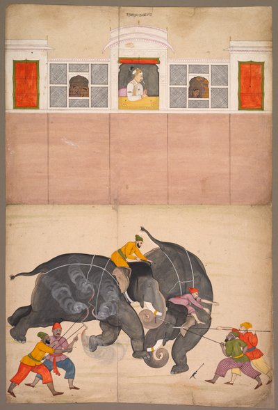 Zwei Elefanten kämpfen in einem Hof vor Muhammad Shah, ca. 1730-40 von Nainsukh