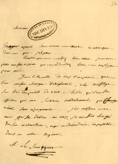 Brief von Napoleon an Le Saucquer, Kriegsschreiber von Napoleon Bonaparte I