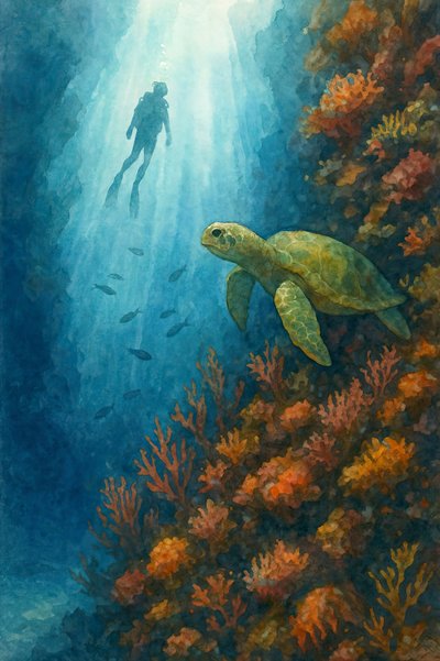 Taucher und Meeresschildkröte von Natalie Bruns