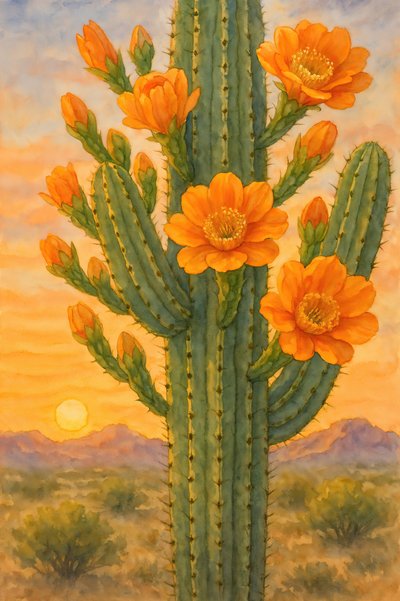 Blühender Kaktus im Sonnenuntergang von Natalie Bruns