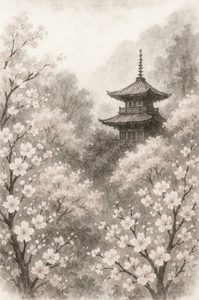 Japanische Pagode Kirschblüten von Natalie Bruns