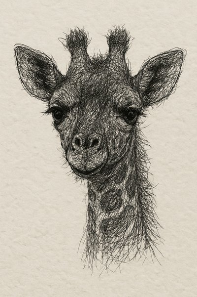 Fadenporträt Baby-Giraffe auf handgemachtem Papier von Natalie Bruns