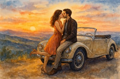 Vintage Auto Sonnenuntergangskuss von Natalie Bruns
