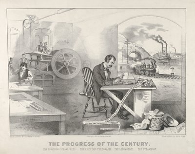 Der Fortschritt des Jahrhunderts - Die Blitzdampfpresse. Der elektrische Telegraph. Die Lokomotive, 1876 von Currier and Ives