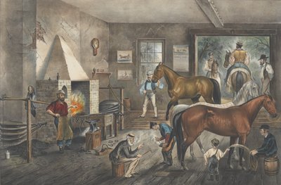 Trabende Pferde an der Schmiede, 1869 von Currier and Ives