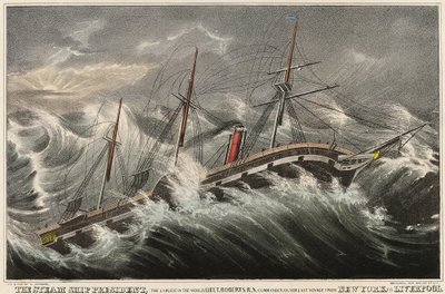 Das Dampfschiff President, das größte der Welt, kommandiert von Leutnant Roberts während seiner letzten Reise von New York (USA) nach Liverpool (England), im Sturm vom 12. März von Nathaniel Currier