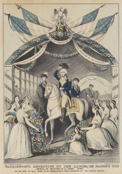 Washingtons Empfang durch die Damen beim Überqueren der Brücke in Trenton, April 1789, auf dem Weg zur Amtseinführung als erster Präsident der Vereinigten Staaten von Nathaniel Currier