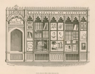 Gotisches Ladenfrontdesign für einen Buchhändler und Schreibwarenhändler, entworfen zur Umgehung von Mietbeschränkungen für eine normale Ladenfront von Nathaniel Whittock