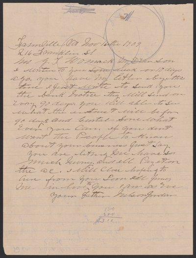 Brief von Nelson Jordan an Julia Womack mit einem Umschlag, 16. November 1909 von Nelson Jordan