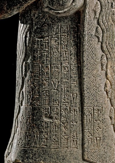 Sumerische Kunst: Detail der Statue von Gudea, Prinz von Lagash, genannt „mit der sprudelnden Vase“ und der Göttin Geshtinanna gewidmet von Neo Sumerian Neo Sumerian